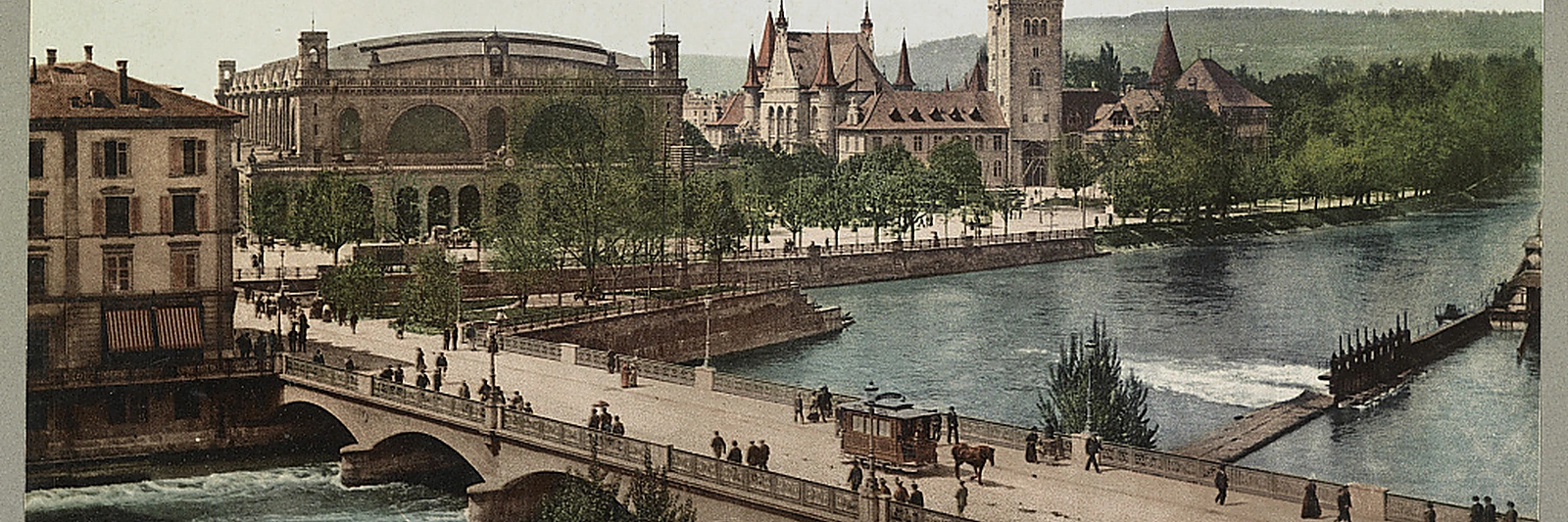 Historischer farbiger Blick auf Bahnhofbrücke, Limmat und Landesmuseum in Zürich um 1890