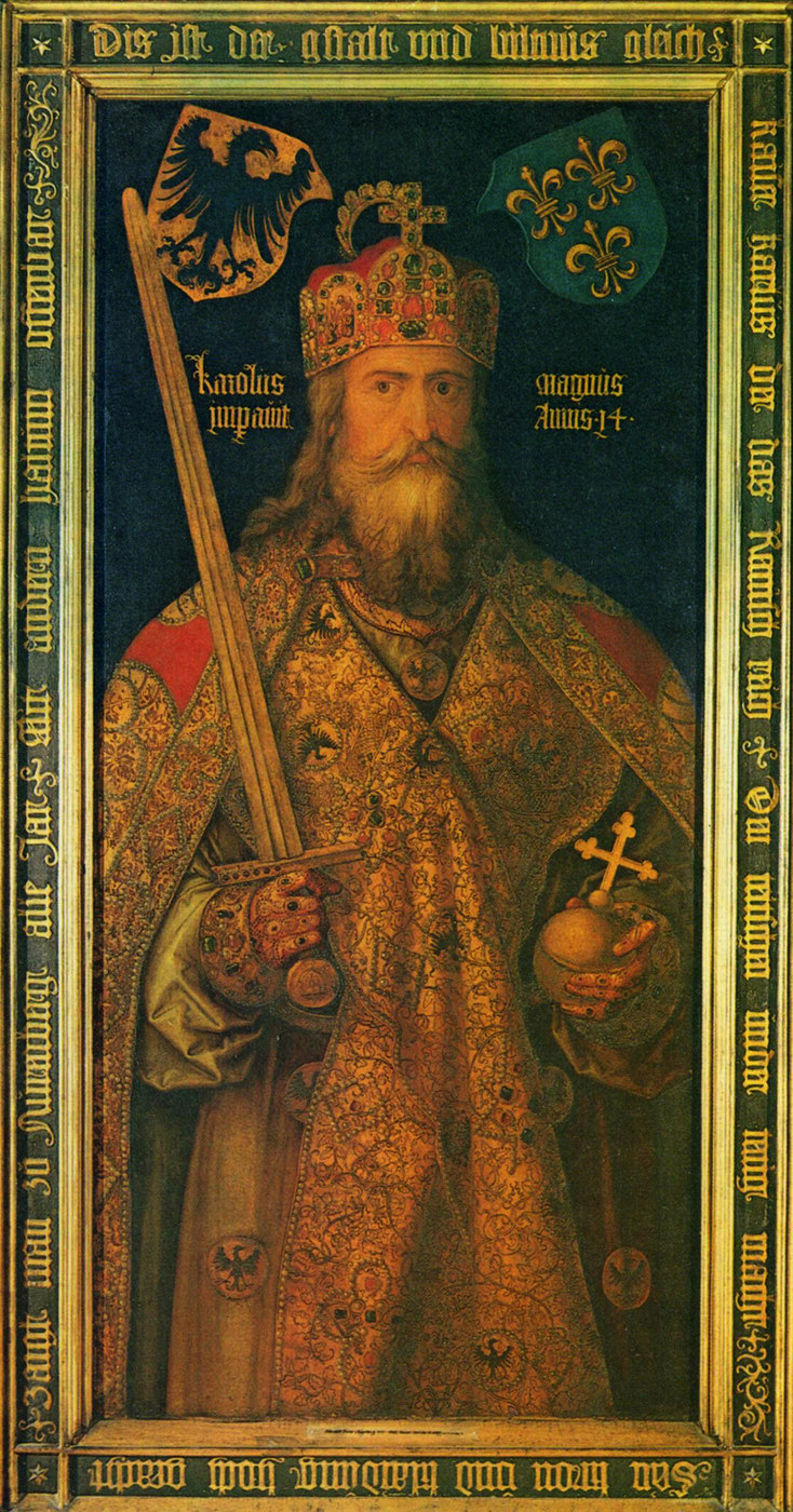 Späteres Idealbild Karls des Grossen von Albrecht Dürer mit Herrschaftsinsignien; keine zeitgenössische Darstellung.