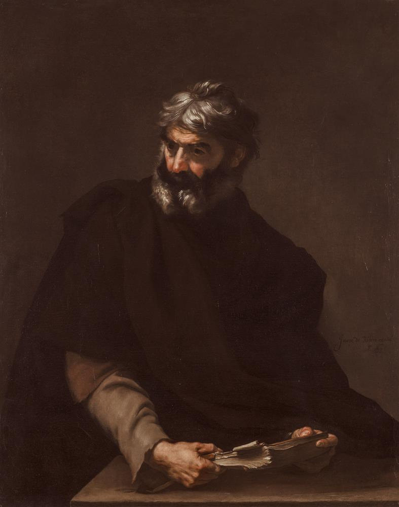 Barockes historisierendes Porträt des antiken Philosophen Protagoras von Jusepe de Ribera aus dem Jahr 1637.