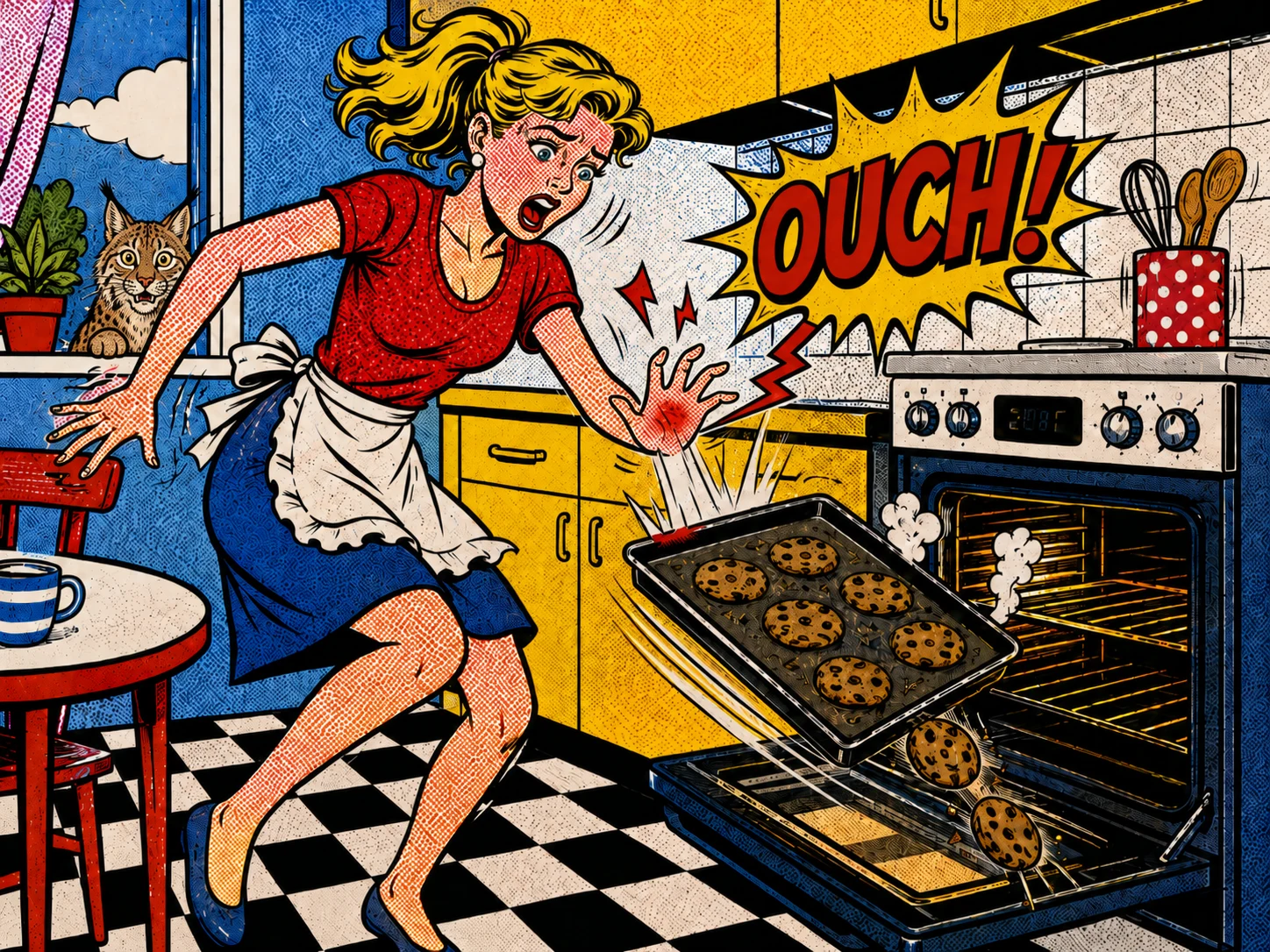 Pop-Art-Illustration einer Frau, die sich an einem heissen Backblech verbrennt, mit dem Schriftzug «OUCH!»