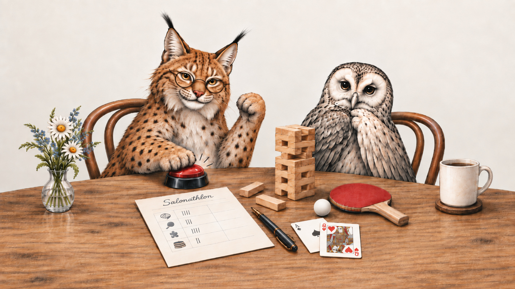 Ein Luchs und eine Eule sitzen an einem Spieltisch mit Buzzer, Jenga-Turm, Tischtennisschläger, Spielkarten und Salonathlon-Punkteblatt.