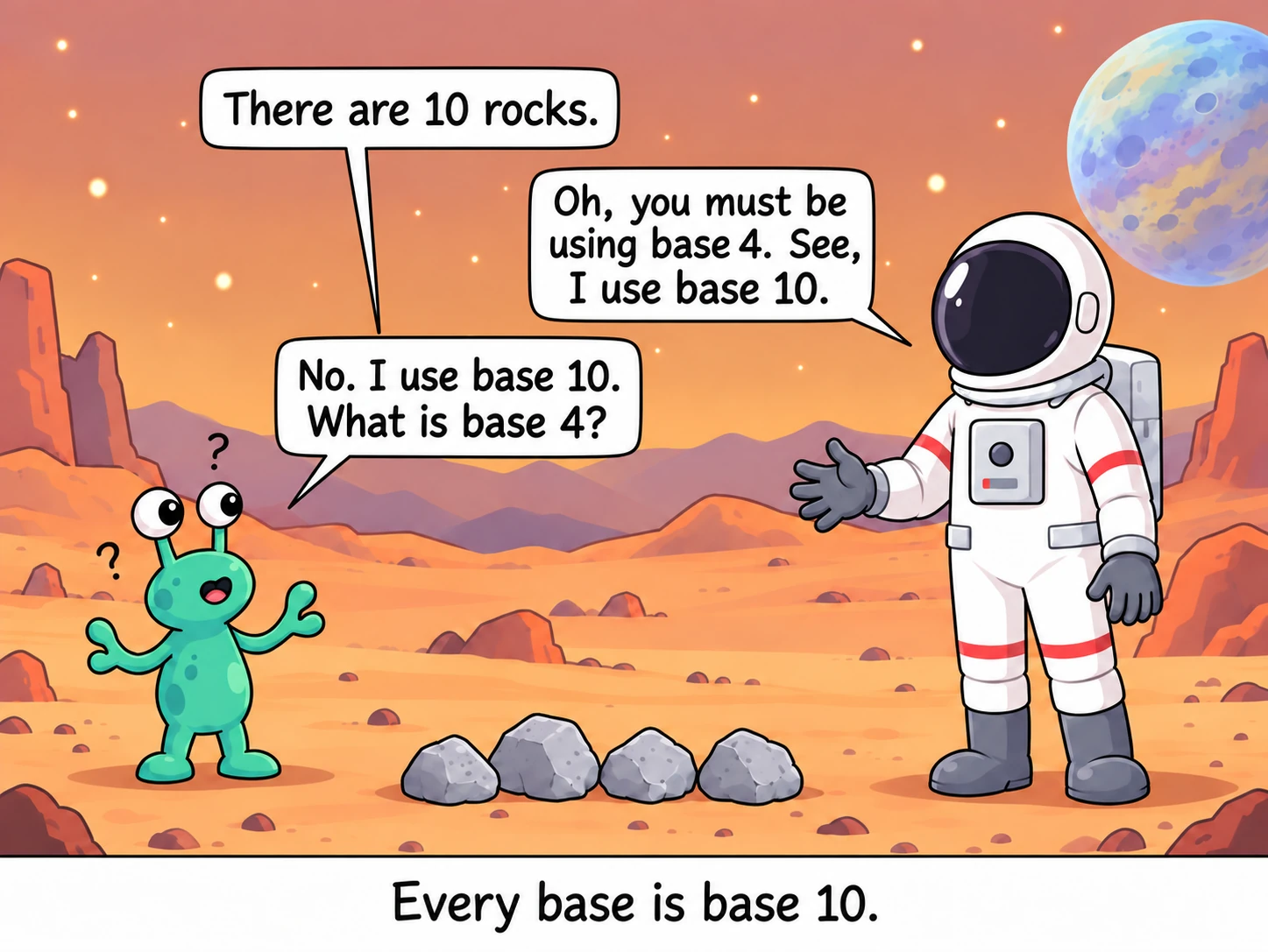 Ausserirdischer und Astronaut mit vier Steinen: «Every base is base 10.»